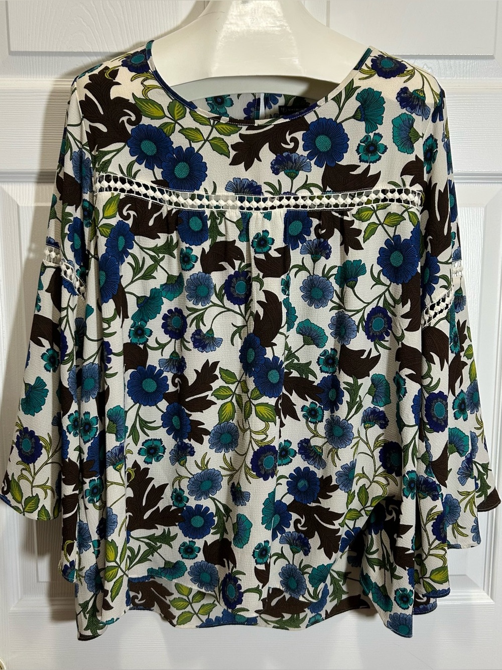 New Directions Blue Floral Crochet-Trim Bell Sleeve Top